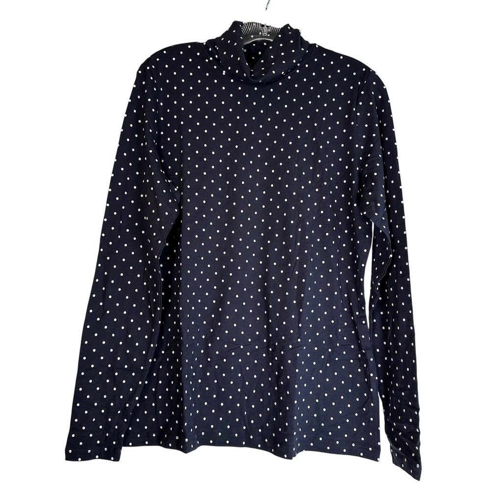 Lands End Navy Blue Polka Dot Fitted Turtleneck Top Large 14-16 Long Sleeve